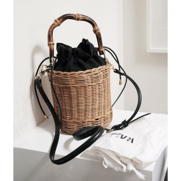 ZARA Black & Beige Woven Rattan Straw Crossbody Bucket Bag - Picture 1 of 8